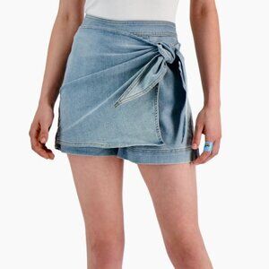 NEW! Tinseltown Wrap Denim Mini Skort Blue‎ XS Cotton Blend $34 Tie Side
